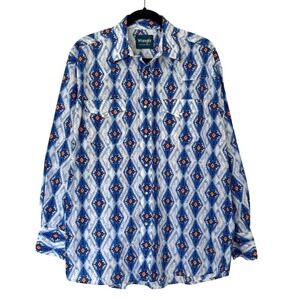 Wrangler Western Shirt Blue Aztec Geometric Pearl Snap Cotton MC1263B Mens Large